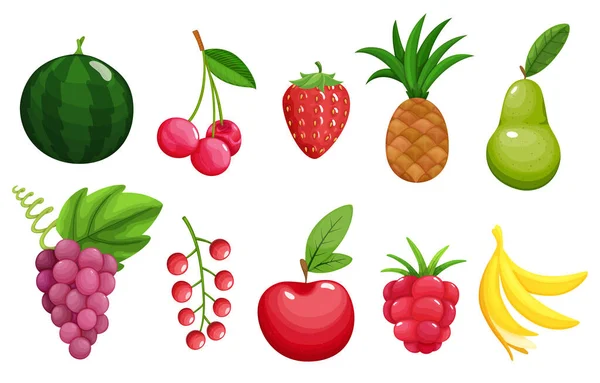 Conjunto de coloridos iconos frutales manzana, pera, fresa, frambuesa, plátano, sandía, piña, uvas, cereza, grosellas rojas. Bayas y frutas. Estilo de vida saludable o concepto de comida vegetariana — Vector de stock