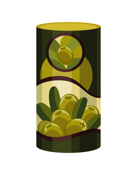 Oliva. Vector frasco de metal verde. Aceitunas verdes enlatadas. Recipiente de latas de acero líquido orgánico natural con etiqueta aceitunas — Vector de stock