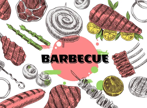 Colección de marco de vista superior de carne. Banner en diseño grabado. Fondo de color de diferentes elementos preparados para la plantilla de diseño de barbacoa. Ilustración de vectores dibujados a mano vintage. Buena nutrición — Vector de stock