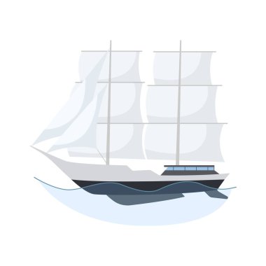 Deniz yelkenlileri, su taşıma ve deniz taşımacılığı modern düz tasarım tarzında. Deniz dalgalarında yelken açan yat