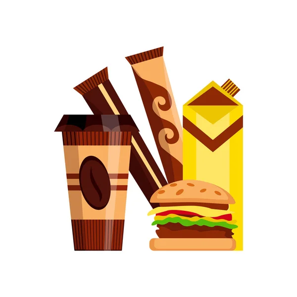 Snack product set. Fast food snacks chocolate drinks, juice and sandwich isolated on white background. Classic fast food nutrition in flat style. Vector illustration of restaurant menu snack — Stock Vector