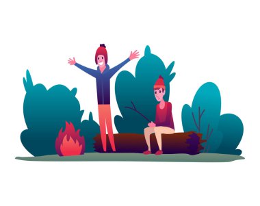 Yürüyüş. Ateşin yanında iki gezgin ya da kâşif. Keşif, keşif ya da macera turizmi ve seyahat kavramı. Düz vektör illüstrasyonu