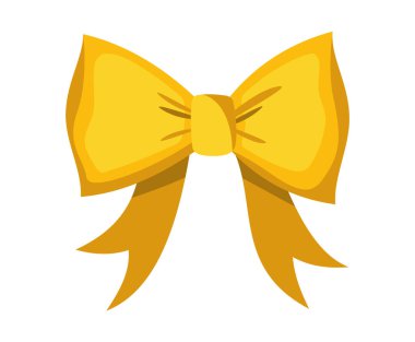 Altın yay. Karikatür vektörü sarı lüks paket tasarım elemanı. Beyaz arkaplanda izole edilmiş kurdeleli saten yay