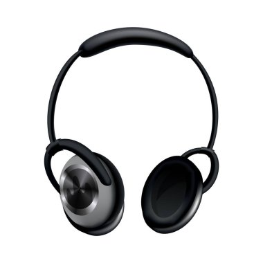 Kulaklık. Siyah müzik kulaklığı ya da oyun kulaklığı. Hoparlörlü veya kablosuz mobil kulaklıklı ses aygıtı 3D vektör görüntüsünü izole etti. Teknoloji stüdyosu aksesuarları