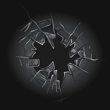 Kırık cam. Pencereyi kırdım. Şeffaf hasarlı camdaki gerçekçi yıkım deliğinin dokusu. Siyah arkaplanda vektör gerçekçi cam şablonu