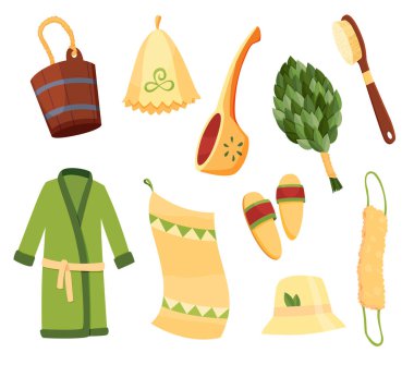 Hamam saunası elementleri. Ekipmanlar süpürge kovası havlu terlikleri banyo havlusu bez şapka ve kepçe. Zevk ve rahatlama için koleksiyon. Buhar banyosu aksesuarları vektör illüstrasyonu