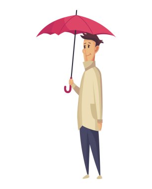 Kötü rüzgarlı yağmurlu hava komik çizgi film insanları ikonu. Şemsiyeli adam yağmurun altında duruyor. Şemsiyeli karakter