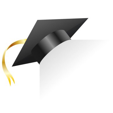 Mezuniyet şapkası. Diploma töreni ve eğitim programları tasarımı için unsur. Mezuniyet ya da üniversite siyah şapka kapağı. Kağıdın köşesinde akademik başlık