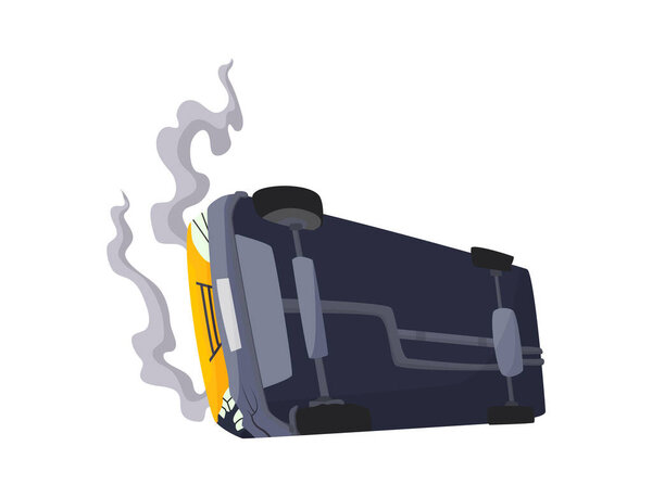 Accident on road car damaged. Road accident icon. Car overturned. Damaged vehicle insurance. Damaged auto. Not recoverable. Good for advertising an insurance company