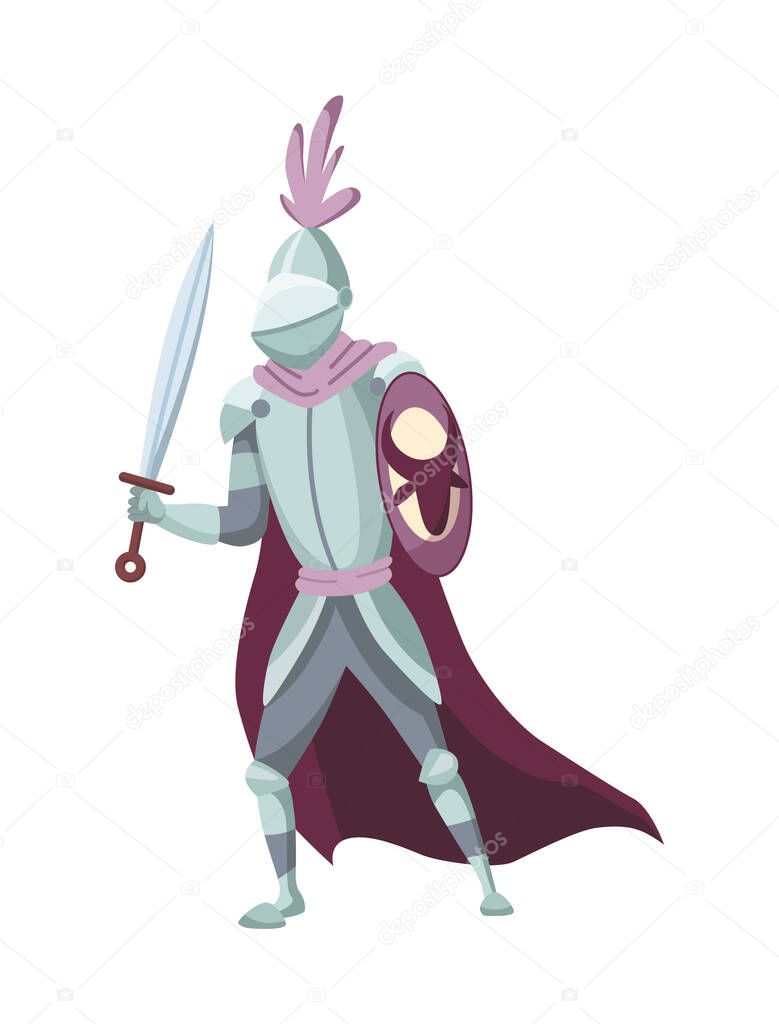Medieval kingdom character of middle ages historic period vector Illustration. Medieval knight in full armor with a sword flat illustration