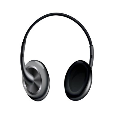 Kulaklık. Siyah müzik kulaklığı ya da oyun kulaklığı. Hoparlörlü veya kablosuz mobil kulaklıklı ses aygıtı 3D vektör görüntüsünü izole etti. Teknoloji stüdyosu aksesuarları