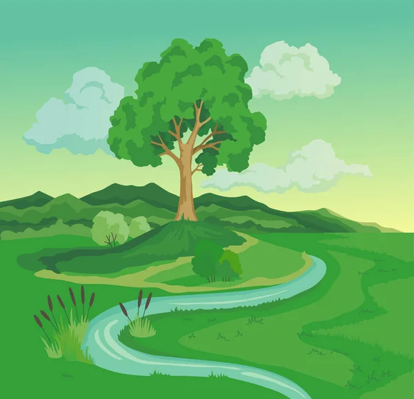 Antes del cambio climático ilustración de la desertificación. Problemas ambientales globales. Paisaje natural dibujado a mano con árbol y hierba verde. Concepto de calentamiento global — Vector de stock