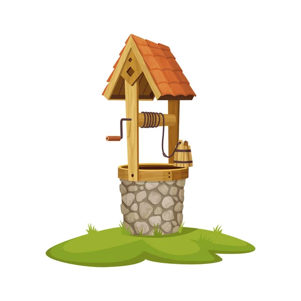 Old water well made of stone. Village well with a rope, a bucket and wooden elements. Colorful vector illustration — Stock Vector