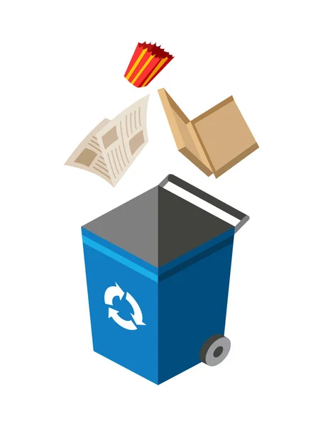Caixote do lixo para triagem. Elementos de reciclagem. Lixo colorido com lixo de papel. Separação de resíduos em lata de lixo. Conceito de gestão de resíduos — Vetor de Stock