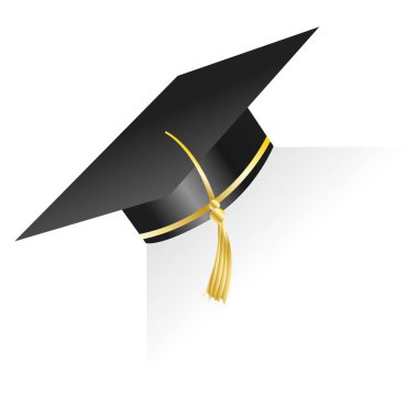 Mezuniyet şapkası. Diploma töreni ve eğitim programları tasarımı için unsur. Mezuniyet ya da üniversite siyah şapka kapağı. Kağıdın köşesinde akademik başlık