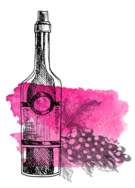 Wijndruiven. Fles, druiventwijg. Vector achtergrond met wijnvlekken en met de hand getekend schets illustratie van druiven. Wijnmaken producten in grunge schets stijl — Stockvector