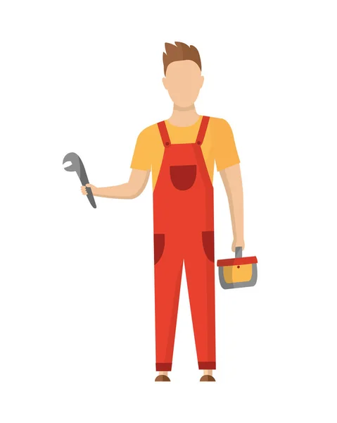 Builder. Plumber. Construction worker with professional equipment during building activity. Vector illustration. Professional construction worker character — Stock Vector