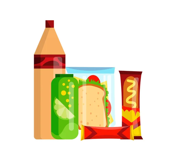 Set di prodotti snack. Snack fast food bevande, patatine fritte, succo di frutta e sandwich isolati su sfondo bianco. Nutrizione fast food classica in stile piatto. Illustrazione vettoriale dello spuntino del menu del ristorante — Vettoriale Stock