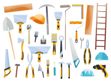 İnşa aleti. İnşaat işçileri için büyük bir el ve elektrikli aletler koleksiyonu. Tahta, metal, plastik, taş, beton ve diğer malzemeler için kullanılan ana araçlar kümesi