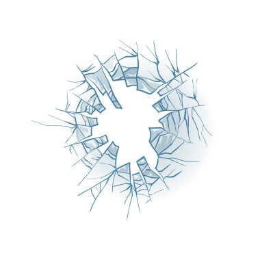 Kırık cam. Pencereyi kırdım. Şeffaf hasarlı camdaki gerçekçi yıkım deliğinin dokusu. Şeffaf arkaplanda vektör gerçekçi cam şablonu