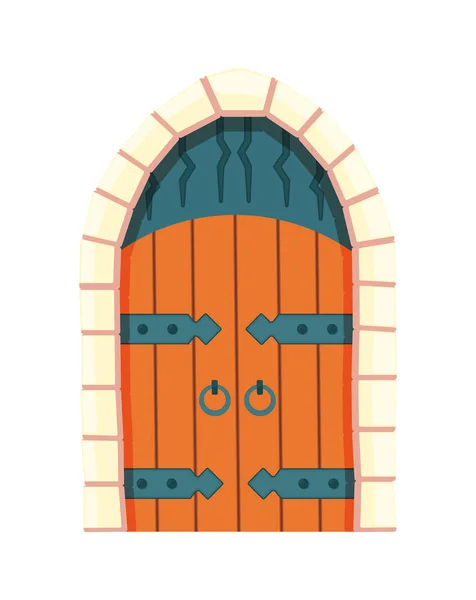Pohádkové dveře středověké. Prvek středověkého hradu nebo pevnosti. Dřevěný portál s kamenným obloukem, kovové panty. Vektor karikatura brána izolované na bílém pozadí — Stockový vektor