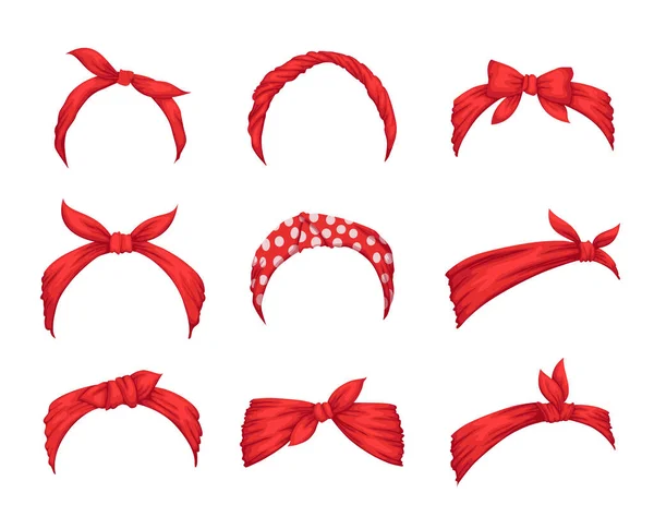 Set of retro headbands for woman. Collection of red bandanas for hairstyles. Windy hair dressing. Mockups of decorative hair knotted vintage scarves. Cute hairband or headdress vector illustration — Stockvector