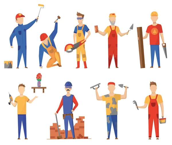 Bauarbeiter. Bauarbeiter mit professioneller Ausrüstung während verschiedener Bautätigkeiten. Set von flachen professionellen Bauarbeitern Ingenieure Zeichen — Stockvektor