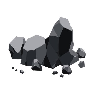 Kömür siyah mineral kaynakları. Fosil taşı parçaları. Çokgen şekiller. Grafit veya kömürden siyah kaya taşları. Enerji kaynağı kömür simgesi