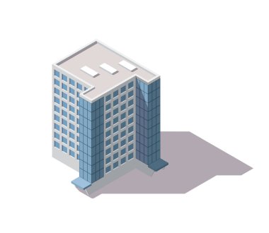 Ofisler izometrik. Mimarlık, iş merkezinin ön cephesi. Bilgi elemanı. Mimari vektör 3d illüstrasyon