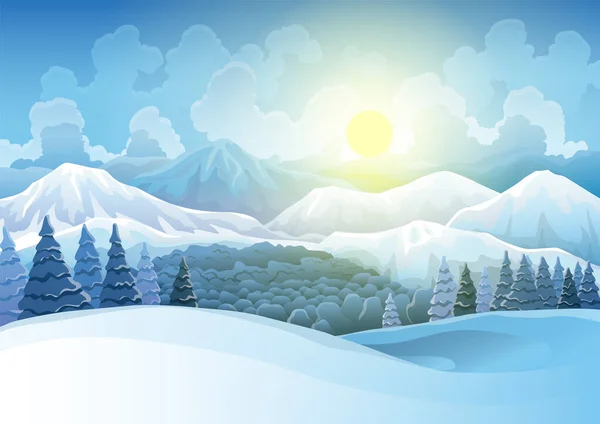 Winterbergen besneeuwd landschap met dennenbos en heuvels op de achtergrond. Vectortekening van het besneeuwde veld waarop de zonsopgang valt. Horizontale natuur — Stockvector