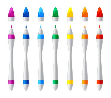 Renkli kalemler seti. Vektör gerçekçi fosforlu kalemler, ev, ofis ve okul projeleri için keçeli kalem koleksiyonu, hatıra defterleri. Çocuklar ve sanatçılar canlı resim araçları