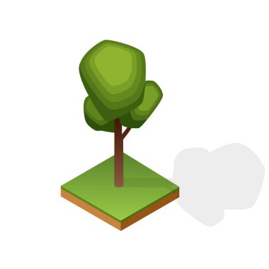 Beyaz arka planda izole edilmiş çeşitli tahta türleri. İzometrik manzara parkı ya da bahçe için yeşil bitki. Peyzaj inşaatçısı elemanı. Bilgi grafikleri veya oyun için vektör simgesi