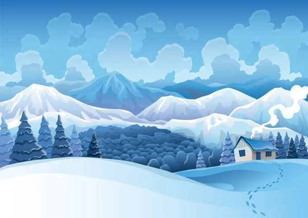 Winter mountains snowy landscape with pines forest and hills on background. Vector drawing of snow-covered field on which stands the house and traces of walking to it. Horizontal nature scene — Stock Vector