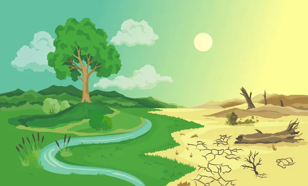 Illustration der Wüstenbildung durch den Klimawandel. Globale Umweltprobleme. Infografik zur Bodendegradation. Bodenerosion, Wüstenbildung. Konzept der globalen Erwärmung — Stockvektor