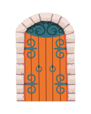 Peri masalı ortaçağ kapısı. Ortaçağ kalesi ya da kaleler. Taş kemerli ahşap kapı, dövülmüş metal menteşeler. Vektör çizgi film geçidi beyaz arkaplanda izole edildi