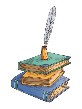 Eski kitaplar. Vector eski kapalı kitaplar eski antika tüy kalem ve tüy kalem ile mürekkep hokkası. Parşömen kağıdı. Şiir çalışması ya da eğitim için geçmişe dönük kırtasiye