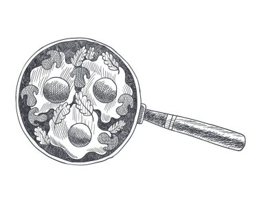 İnançlı bekar kahvaltısı hazırlamak kolaydır. Kızartma tavasında yumurta. Kahvaltılar ve brunchlar çok güzel. Klasik el çizimi taslak vektör çizimi. İyi beslenme