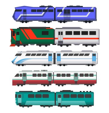 Yolcu ekspres trenleri. Demiryolu vagonları. Çizgi film setindeki metro ya da hızlı trenler. Web tasarımı veya oyun sahnesi için vektör simgeleri