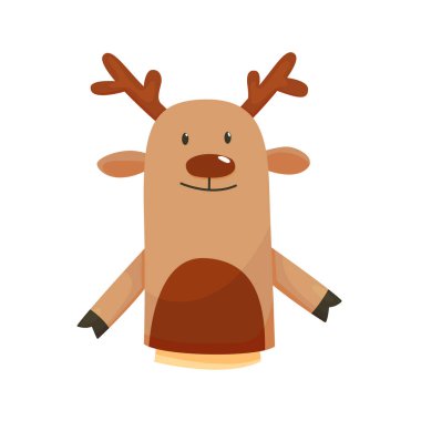 El ya da parmak kuklaları oyuncak geyik oynar. Çocuk tiyatrosu, çocuk oyunları için çizgi film renkli oyuncaklar. Vektör şirin ve komik hayvan karakteri, beyaz arkaplanda izole edilmiş simge