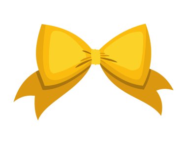 Altın yay. Karikatür vektörü sarı lüks paket tasarım elemanı. Beyaz arkaplanda izole edilmiş kurdeleli saten yay