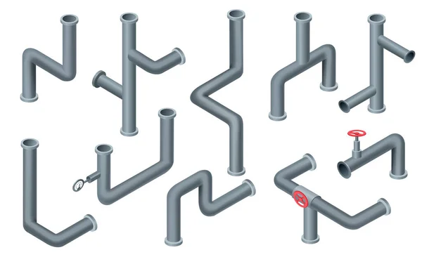 Isometric borular. Su boruları, vanalı boru hattı. Petrol, gaz endüstrisi tüp inşaatı. Plastik tesisat sistemi 3D vektör izole edildi. Boru parçaları