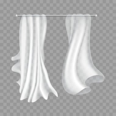 Uçan perdeler. Şeffaf arkaplanda izole edilmiş pürüzsüz şifon giysiler. Rüzgarda sallanan kıvrımlı gerçekçi ipek kumaş. Pencere dekorasyonu için gerçekçi net malzeme
