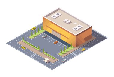 Isome süpermarketi ya da market binası ve cadde. Otoparktaki AVM binasını temsil eden vektör izometrik simge veya bilgi ögesi. Şehir altyapısı için 3D market