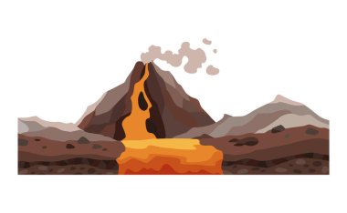 Oyun manzarası. Çizgi film tasarımı doğa. Volkanlardan oluşan bir vadiden lav fışkırıyor.