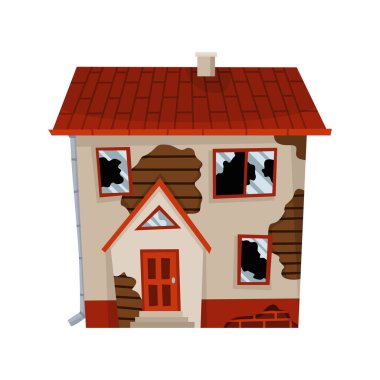 Eski yıpranmış ev ya da konut. Kötü durumda terk edilmiş bir ev. Hasarlı çatısı, eski püskü duvarları ve dış görünüşü olan kötü bir bina. İzole edilmiş ihmal edilmiş mallar