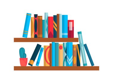 Renkli kitaplarla dolu bir kitaplık. Düz okuma kitapları beyaz arkaplanda izole edilmiş. Okul ve eğitim duvarları konsepti. Kütüphane iç ögesi