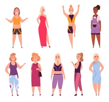 Büyük kadın seti. Yetişkin şişman, sıradan ve şenlikli kıyafetlerle insanları ayıltır. Çizgi film karakterleri gibi. Sağlıksız yaşam tarzının vektör illüstrasyonu