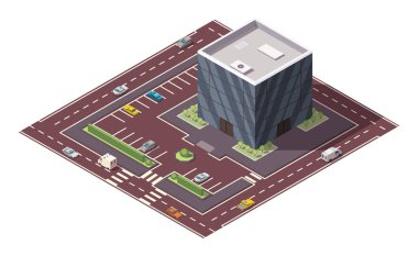 Isome süpermarketi ya da market binası ve cadde. Otoparktaki AVM binasını temsil eden vektör izometrik simge veya bilgi ögesi. Şehir altyapısı için 3D market