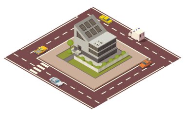 Isome kulübesi. Bilgi ya da oyun tasarımı için özel gayrimenkul inşaatı. Evin etrafında arabalar ve yollar var. Banliyö binasını temsil eden bilgi ögesi