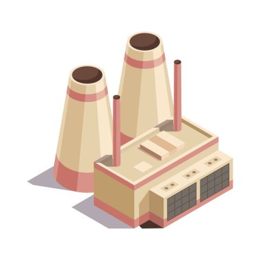 Isometric madencilik endüstrisi ve enerji üretimi. Fabrika binası ve iki büyük soğutma kulesi görüntüleriyle kompozisyon. Fabrika ya da diğer enerji endüstriyel tesisleri